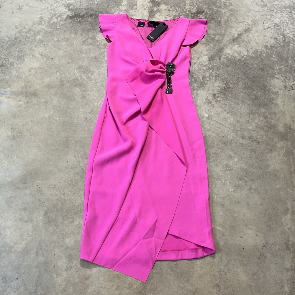 Pinko Dress Womens Sz 2 Fuchsia Gaff‎ Abito Gathered Rhinestone Pin Midi